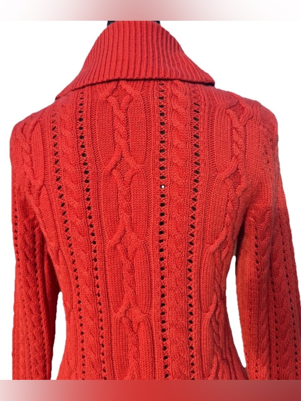 Talbots Rustic Orange Cable Knit Cardigan Buckle Shawl Collar Small - Picture 8 of 14